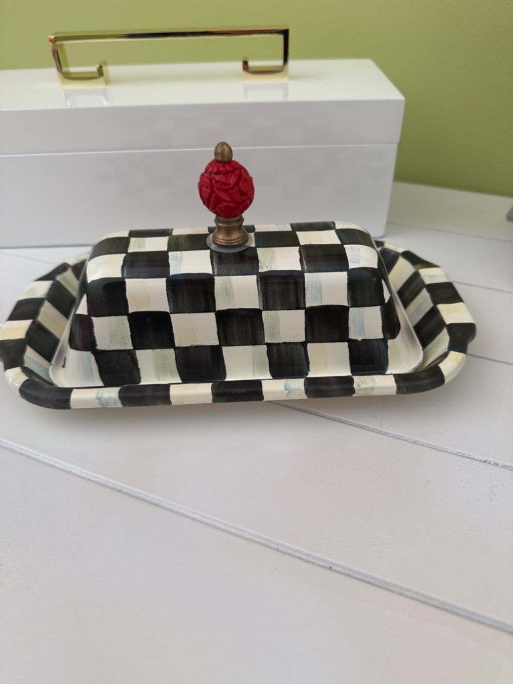 MacKenzie-Childs Black and White Checkered Covered Butter Dish with Red Finial